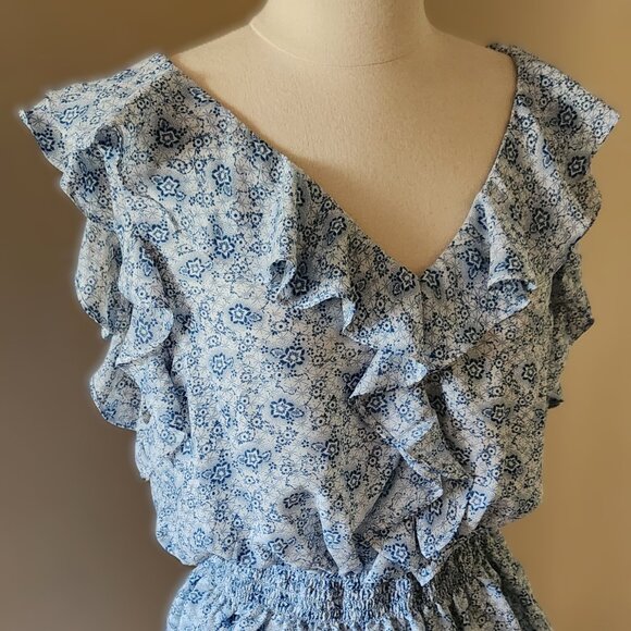 Max Studio, V-Neck, Blue/White, Blouse, Tank Top, XL, Polyester, Floral, Frilly - Picture 2 of 4